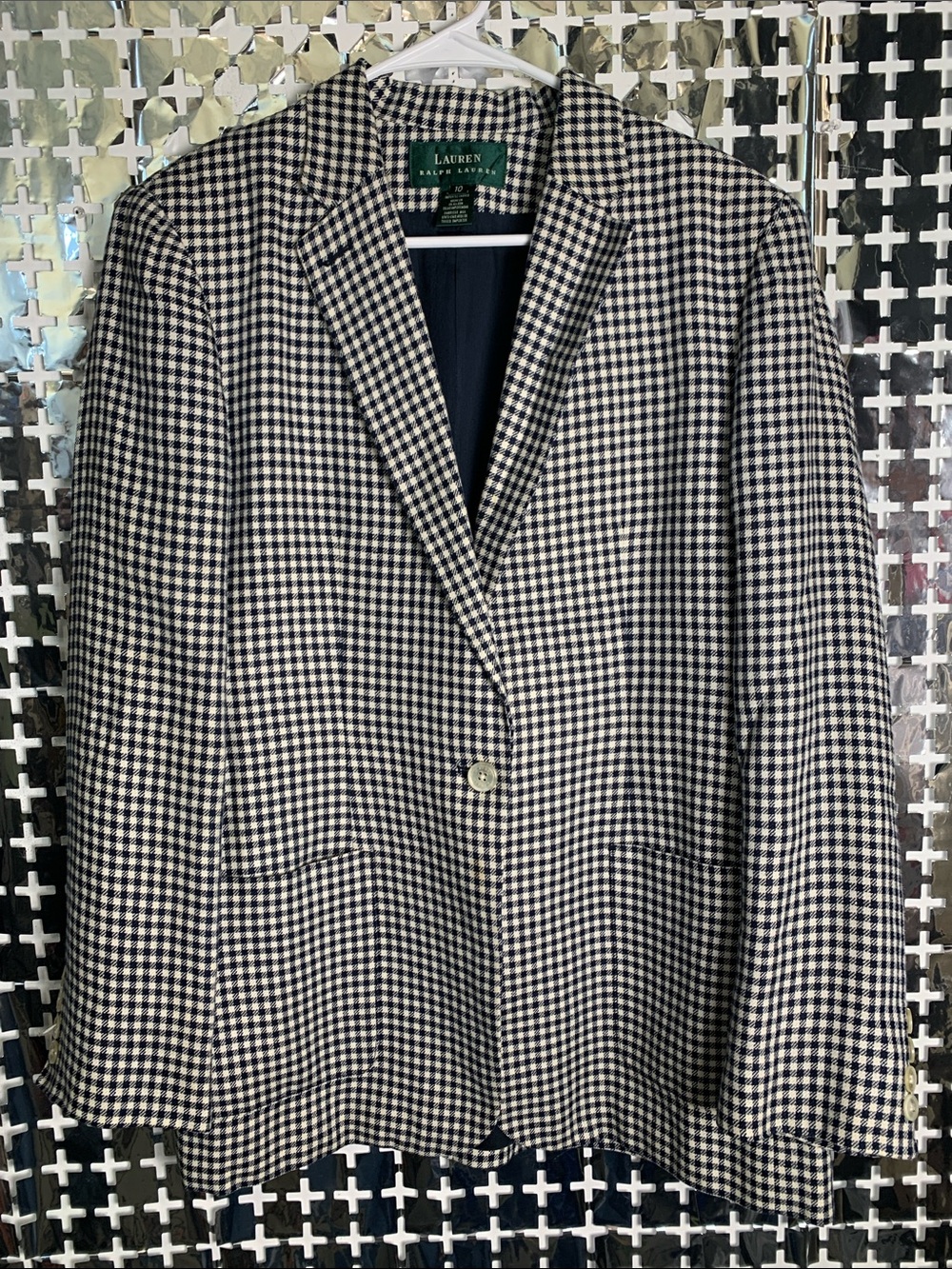 Lauren Ralph Lauren Navy & White Gingham Single-Button Blazer, 100% Linen - Picture 1 of 4